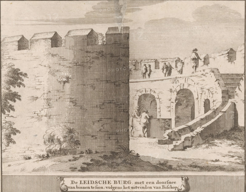 The Leiden Castle, with a cross-section visible from the inside, according to the invention of the bishop, View of the castle of Leiden from the inside, Castles, country estates and houses in the Netherlands, print, book illustration, printmaker: Jacobus Schijnvoet, Amsterdam, after drawing by Roelant Roghman (possibly), publisher: Pieter de Coup (possibly), 1711, paper, etching, height 131 mm x width 166 mm, Print first used in: Smids, Ludolph. Schatkamer der Nederlandse oudheden, of Woordenboek, between p. 198 and 199. Possibly appeared thereafter in reissues of this work in 1737 and 1774. In 1721, an edition appeared containing only the prints: Nederlandsche oudheden, bestaan in zeskelijk verbeeldingen, gelegen in Holland, 't Sticht van Utrecht en Gelderland enz. Amsterdam: Hendrik Bosch, 1721., fortress, Leiden, Burcht van Leiden, An engraved scene showing a large stone fortress wall with battlements and roofed structures along its top, adjacent to a curved bridge with arched openi...