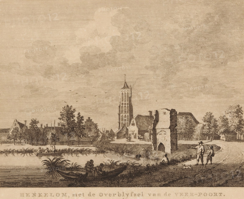 View of Heukelum with the ruin of the ferry gate, Heukelum, with the remains of the ferry gate, print, Series number, 2, Numbered top right: 2., c. 1770 - c. 1800, printmaker, paper, etching, height 165 mm x width 212 mm, river, ruin of a building, architecture, village (city(-scape) with figures, staffage), A sepia-toned etching shows a riverside scene with a tall multi-level tower rising above clustered buildings and trees, a ruined stone archway near the water’s edge, small boats on the river, and several figures including people seated in a boat, a person sitting on the riverbank, and two standing figures near a small dog; the sky is filled with banded clouds and small flying birds.