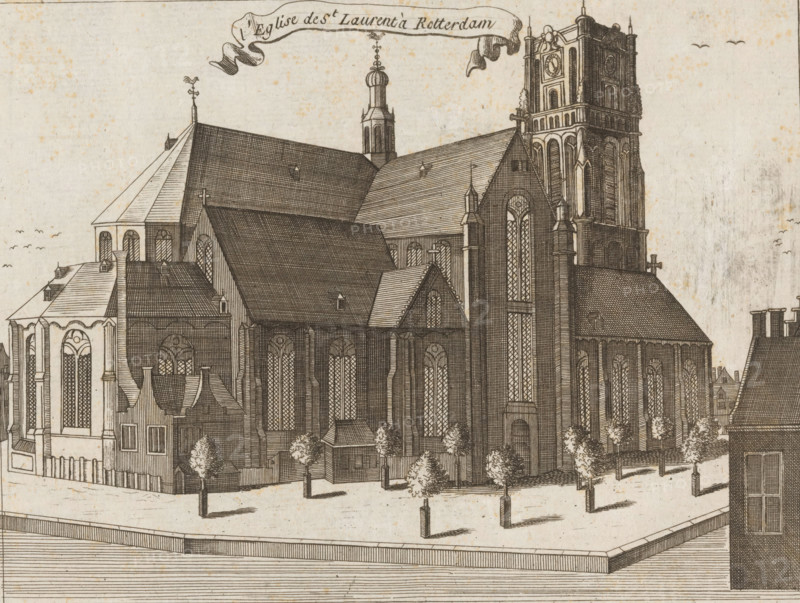 View of the Grote or Sint-Laurenskerk in Rotterdam, L'eglise de St. Laurent à Rotterdam, print, book illustration, publisher: Jean-François Bassompierre (I), Liège, 1786, Jean-François Bassompierre (I), printmaker, publisher, paper, etching, engraving, height 157 mm x width 199 mm, A detailed ink drawing of a large Gothic church occupies the scene, showing steep pitched roofs, tall pointed windows with lattice panes, buttresses, and a prominent square tower with ornate vertical panels and a clock face; smaller attached buildings with varied rooflines flank the main structure, and a small courtyard in front contains evenly spaced trees casting long shadows and low boundary posts; decorative roof finials and small dormer windows dot the roofs, while birds are visible in the sky and the ground in front shows patterned paving lines.