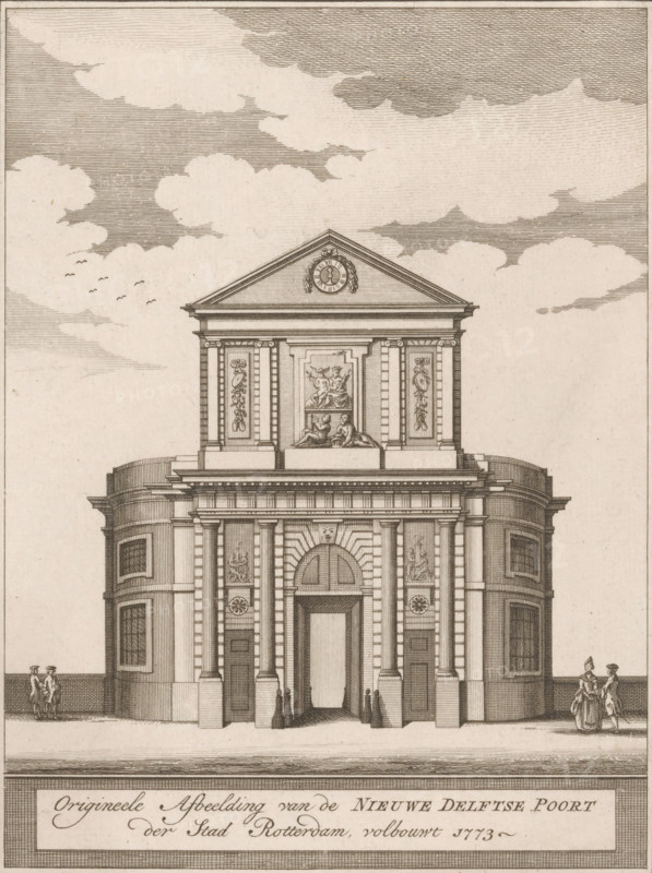 View of the Delft Gate in Rotterdam, Original image of the New Delft Gate of the city of Rotterdam, completed 1773, print, book illustration, publisher: Bernardus Mourik, 1774, printmaker, paper, etching, engraving, height 173 mm x width 132 mm, A detailed architectural engraving of a classical building façade with a triangular pediment topped by a circular clock and decorative garlands, a central sculpted panel with reclining figures above the entrance, tall fluted columns flanking the main arched doorway, ornamental panels and round decorative motifs on the walls, curved corner sections with rectangular windows, a broad cornice and entablature, a low balustrade or platform at the base, small human figures standing near the entrance and at the sides, a few distant figures walking at the edges, and a sky filled with stylized clouds and a small flock of birds.