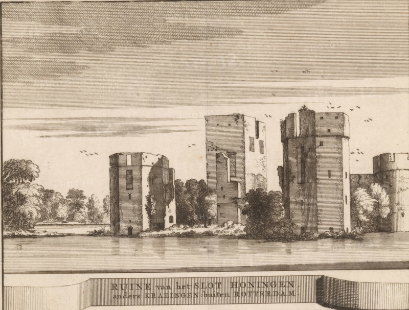 View of the ruins of Honingen Castle, Ruins of Honingen Castle, also known as Kralingen outside Rotterdam, print, book illustration, printmaker: Jacobus Schijnvoet, after drawing by Roelant Roghman (possibly), publisher: Pieter de Coup, Amsterdam, 1711, paper, etching, engraving, height 195 mm x width 218 mm, A sepia-toned etched landscape showing a row of tall, rectangular ruined towers and walls along a shoreline, with vertical and horizontal line shading on the structures, reflected faintly in the water foreground. Trees and bushes cluster between and beside the buildings, rendered with stippled and fine-line foliage. The sky above is filled with dense parallel horizontal hatch lines and cross-hatched clouds, with small groups of birds drawn as simple curved marks scattered across the sky. A wide horizontal band with dense vertical hatch shading runs along the bottom edge, interrupted by a darker shaded rectangular area on the right.