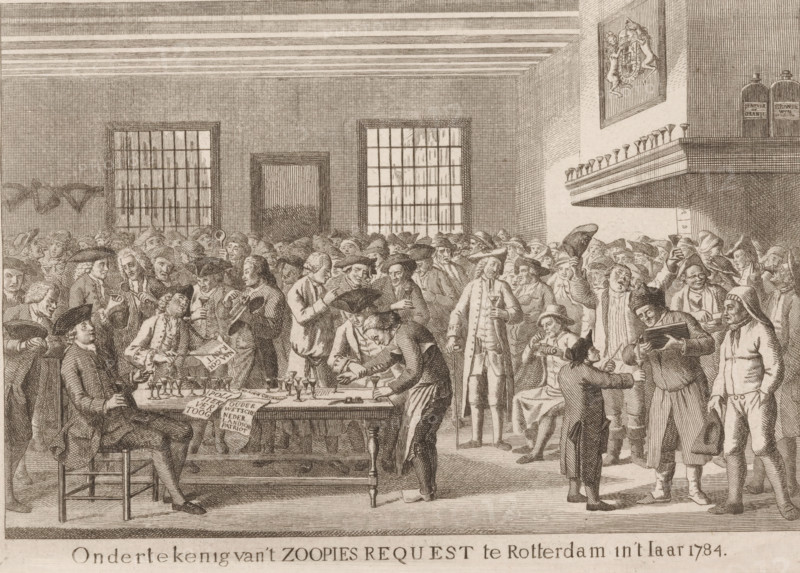Zoopies Request, Signing of the Zoopies Request in Rotterdam in the year 1784, print, Series number, 4, printmaker: attributed to Joannes Hulstkamp, Rotterdam, 1784, Attributed to, paper, etching, engraving, height 143 mm x width 200 mm, The print depicts the collection of signatures for the Orangist request for the abolition of the Free Corps established in 1783., inn, coffee-house, public house, establishment of exercise societies (1783-1786), Period, 1784-03-29, A crowded interior scene rendered in fine etched lines shows many people gathered around tables and standing close together, most wearing period coats and various styles of hats, some seated on chairs while others lean over a central table with small glasses and vessels on it; a few figures hold cups or trays, one person bends over the table handling objects, another stands with a long cane, and a small child reaches toward an adult; in the background tall windows with panes and a doorway are visible against a textured wall ...