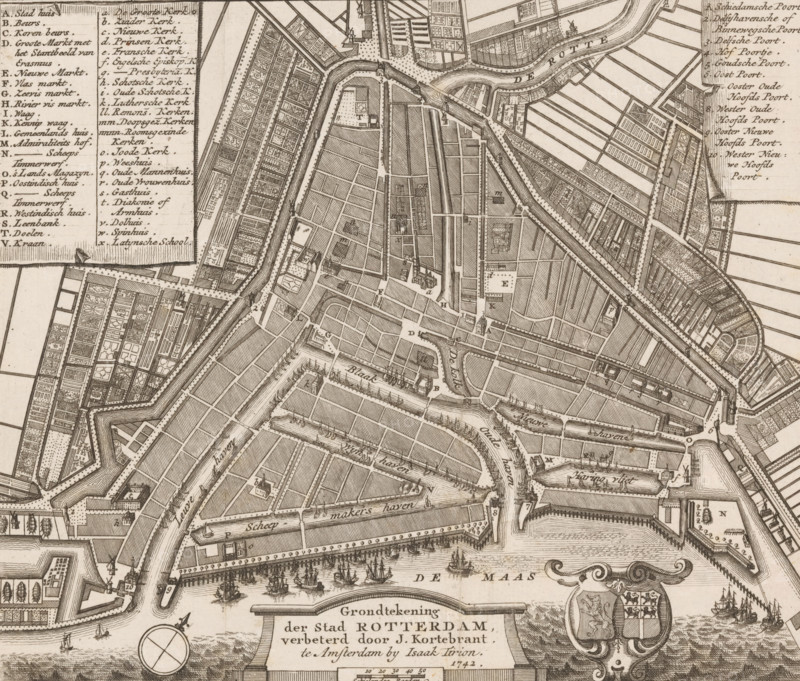Ground plan of the city of Rotterdam, Map of Rotterdam, area plan, print, printmaker, cartographer, publisher, paper, etching, engraving, height 176 mm x width 204 mm, A detailed monochrome engraved city map showing canals, waterways, docks, bridges, and fortified walls with angular bastions, densely packed grids of streets and parcels, rows of buildings and warehouses along quays, small ships and sailing vessels in a river area, compass rose and ornate cartouche with heraldic shield, many rectangular plots with garden-like patterns, clusters of closely drawn houses, dotted lines indicating pathways, labeled map keys in columns, and numerous small architectural icons representing towers and churches.