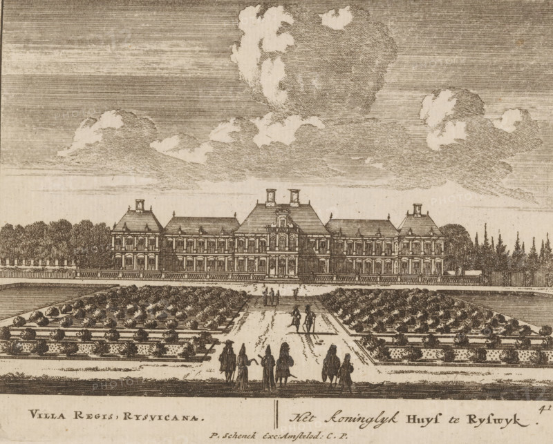 Views of Huis Ter Nieuburch in Rijswijk, Villa regis, Rysvicana, The royal house in Rijswijk, Fourfold spectacle of wonders, Admirandorum quadruplex spectaculum, print, book illustration, Series number, 41, 71, printmaker: Jan van Call (I), publisher: Pieter Schenk (I), Amsterdam, grantor of privilege: States of Holland and West Friesland, c. 1694 - c. 1697, paper, etching, engraving, height 130 mm x width 165 mm, A detailed engraving shows a large symmetrical mansion with multiple windows, steep hipped roofs, and central entrances, set behind a balustrade and flanked by rows of trees and tall evergreens; in front of the building formal gardens with geometric beds and pathways extend toward the foreground, where several groups of people in period clothing walk or stand along the central path; above, a sky filled with large, textured clouds stretches across the scene.