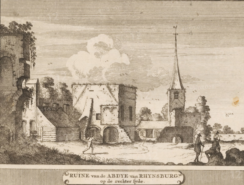 Ruins of Rhynsburg Abbey, on the right side, View of the ruins of Rijnsburg Abbey, print, book illustration, Series number, 41, 71, printmaker: Jacobus Schijnvoet, after drawing by Roelant Roghman, publisher: Pieter de Coup, Amsterdam, 1711, paper, etching, engraving, height 196 mm x width 217 mm, An etching of a village scene shows a cluster of stone buildings with varied roofs and arched openings, one structure topped by a tall, pointed steeple with a small weather vane. Trees and climbing vines grow around and on some buildings. Figures walk in the foreground, including a person carrying something on their head and two people in long coats and hats, one with a walking stick. The sky is filled with linear hatching and billowing clouds, and small birds appear in the sky. The ground in front of the buildings is grassy with a path and low vegetation.