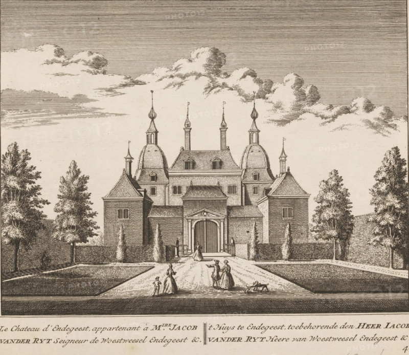 View of Endegeest Castle in Oegstgeest, Le chateau d'Endegeest, apartment à M.ire Jacob vander Ryt seigneur de Woestweesel Endegeest &c., 't Huys te Endegeest, belonging to Mr. Jacob vander Ryt Heere van Woestweesel Endegeest &c., print, book illustration, printmaker: Abraham Rademaker (possibly), publisher: Leonard Schenk, Amsterdam, 1731, paper, etching, engraving, height 175 mm x width 200 mm, A detailed ink drawing of a grand symmetrical building with a central arched entrance flanked by rectangular towers and topped by domed and conical roofs with finials, set behind a fenced garden with clipped hedges and tall trees; a wide path leads from the foreground to the entrance where small human figures in period dress and a dog are walking and conversing on the avenue; the sky above is filled with horizontal line shading and stylized clouds.