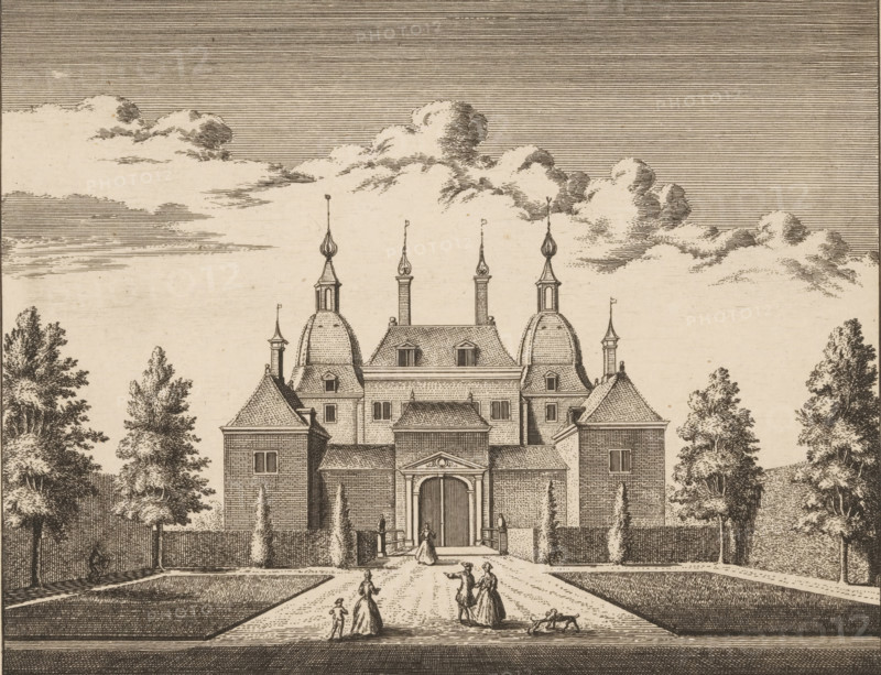 View of Endegeest Castle in Oegstgeest, Le chateau d'Endegeest, apartment à M.ire Jacob vander Ryt seigneur de Woestweesel Endegeest &c., 't Huys te Endegeest, belonging to Mr Jacob vander Ryt Heere van Woestweesel Endegeest &c., print, book illustration, printmaker: Abraham Rademaker (possibly), publisher: Leonard Schenk, Amsterdam, 1731, paper, etching, engraving, height 175 mm x width 215 mm, A detailed engraving shows a large symmetrical building with a central arched entrance flanked by square towers and domed turrets topped with slender spires, the roof punctuated by dormer windows and chimney-like pinnacles; formal pathways and trimmed hedges lead up to the entrance, bordered by tall, narrow trees and larger leafy trees at the edges; several small figures in period dress walk or stand on the main approach, with one person near the doorway and a small dog on the path; above the building a sky filled with layered, horizontal lines and billowing clouds stretches across the top of t...