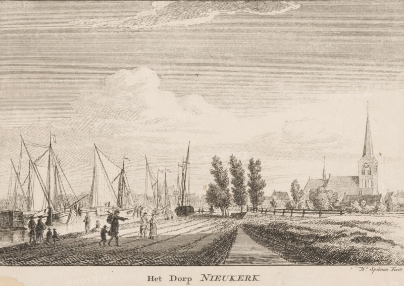 The village of Nieukerk, View of the village of Nieuwerkerk aan den IJssel (former title), View of the village of Nijkerk, print, printmaker: Hendrik Spilman, 1742 - 1784, paper, etching, engraving, height 135 mm x width 192 mm, sailing-ship, sailing-boat, church (exterior), village, Nieuwerkerk aan den IJssel, A wide riverside scene rendered in fine linework shows several sailing boats moored along a waterfront with tall masts and furled sails, groups of small figures standing and walking along the shore and quay, a few people appearing to converse or gesture, a path or road leading inland bordered by grassy banks and lined with trees, a cluster of buildings including a church with a tall spire rising above the rooftops, fences and hedges near the houses, and a sky filled with layered, linear clouds.