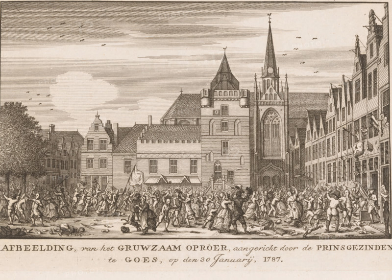 Riot by Orangists on the market square in Goes, 1787, Image, of the Gruesome Uprising, instigated by the Orangists, in Goes, on January 30, print, The riot instigated by Orangists on the market square in Goes, January 30, 1787. View of the Market Square with the town hall and the Great Church., label: 'Fr. M. No. 4760a', printmaker, Northern Netherlands, paper, etching, height 117 mm x width 175 mm, street-fights, riots, Patriot Era (1780-1795), Goes, Period, 1787-01-30, A densely engraved street scene shows a large crowd of people in animated motion across a wide plaza, with many figures gesturing, some running, others fighting or carrying objects, and scattered items on the ground; the foreground crowd fills the lower area while a row of tall, narrow buildings with gabled roofs lines both sides of the street, leading to a larger central complex featuring a prominent church facade with a tall spire, arched windows, and ornamental roof details; trees rise at one side behind the buildin...