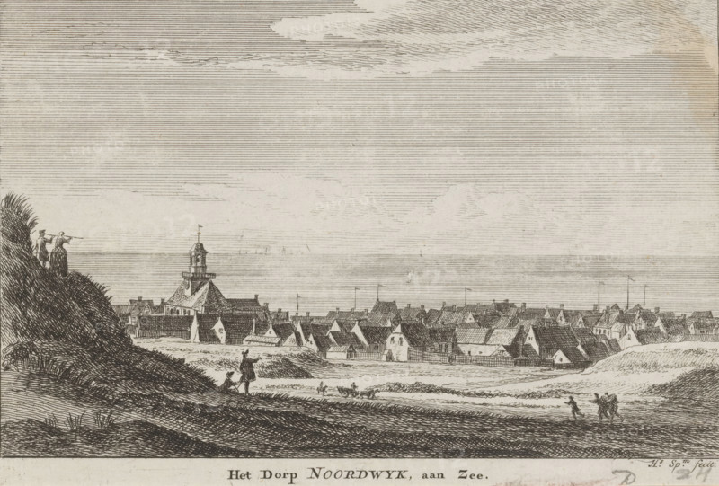 View of Noordwijk aan Zee, The village of Noordwyk, by the sea, print, printmaker: Hendrik Spilman, c. 1742 - c. 1784, paper, etching, engraving, height 130 mm x width 191 mm, dune coast, prospect of village, silhouette of village, church (exterior), Noordwijk aan Zee, Noordwijk, A wide sepia-toned engraving shows a coastal village viewed from a grassy hillside, with rows of closely packed rooftops and a central building topped by a tower and small flag. The foreground hillside contains textured grasses and a few small figures walking or standing, one with a stick and another seated, and two figures near the left edge standing on a slope looking toward the sea. The middle ground presents houses with steep roofs, chimneys, and fences, and a small herd of grazing animals near a path. In the distant background a calm sea stretches to the horizon with a small sailing vessel and a faint line of ships, while above thin horizontal lines and soft cloud shapes fill the sky.