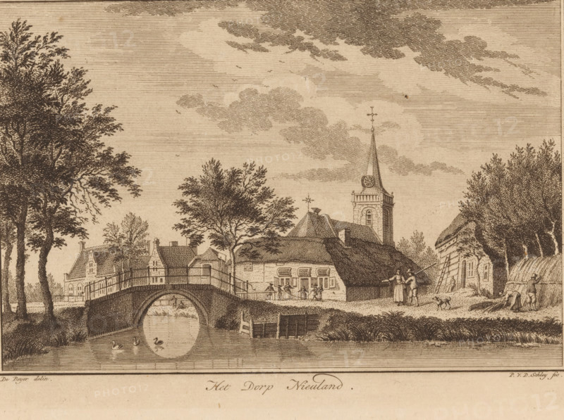 View of Nieuwland, The village of Nieuwland, print, book illustration, Series number, 2, printmaker: Philippus van der Schley, after drawing by Jan de Beijer, 1739 - 1817, paper, etching, engraving, height 146 mm x width 205 mm, prospect of village, silhouette of village, church (exterior), bridge in village across river, canal, Nieuwland (South Holland), A sepia-toned engraving showing a village scene with a stone arched bridge spanning a canal, water reflecting the arch and three small waterfowl swimming, and a wooden railing along the bridge. Along the street behind the bridge are clustered buildings with pitched and thatched roofs, windows, and chimneys, and a tall church tower topped by a pointed spire and a decorative weather vane. Trees with detailed foliage frame both sides of the scene, and clouds and a few small birds appear in the sky. Small groups of people stand and walk near the buildings and along the road, one couple near the foreground with a dog, and a few figures eng...