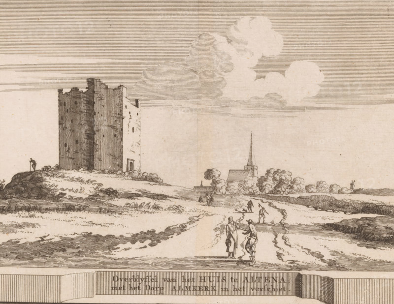 Remains of the House of Altena with the village of Almkerk in the distance, View of the ruins of the House of Altena, print, book illustration, printmaker: Jacobus Schijnvoet, after drawing by Roelant Roghman (possibly), publisher: Pieter de Coup, Amsterdam, 1711, paper, etching, engraving, height 195 mm x width 216 mm, A sepia-toned landscape drawing shows a large blocky stone tower on a grassy mound at left with small rectangular openings and a doorway, a solitary figure standing near the mound edge, and gently rolling terrain extending toward the right where a church with a tall pointed steeple rises behind a cluster of trees. In the foreground a winding dirt path runs toward the horizon with several small human figures walking along it, including two figures conversing near the front and other figures farther back, and a distant windmill silhouette stands on the right horizon. The sky above is filled with horizontal line shading and rounded cloud forms, and the ground and vegetatio...