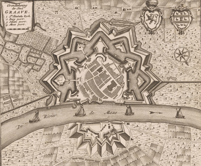 Map of Grave, Ground plan of the city of Graave, area plan, print, book illustration, publisher: Isaak Tirion, Amsterdam, 1740, printmaker, paper, engraving, etching, height 174 mm x width 205 mm, An aerial view of a star-shaped fortified town with angular bastions and layered defensive walls surrounded by patterned fields and textured land, a wide river crossing the scene with sailing boats on its water, a smaller detached fortress below the river mirroring the star design, a network of streets and clustered buildings within the main fortress, decorative shields and an eight-pointed compass rose near the top, a rectangular inset map area and a cartouche with ornamental edging at the upper corner, and scattered small trees and pathways across the surrounding landscape.