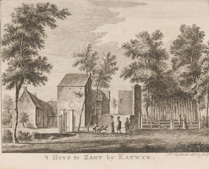 t Huys te Zant by Katwyk, View of the ruins of 't Zand castle near Katwijk, print, Series number, 7, Numbered top right: 7., printmaker: Hendrik Spilman, Haarlem, after design by Hendrik Spilman, 1742 - 1784, Hendrik Spilman, printmaker, paper, etching, height 162 mm x width 209 mm, ruin of a dwelling, house, castle, landscape with ruins (city(-scape) with figures, staffage), Katwijk (Zuid-Holland), A sepia-toned etching shows a rural scene with tall trees flanking both sides and a cluster of buildings with pitched roofs and simple facades near the center. A low wall and gate separate a fenced area from a path where several small human figures stand and stroll; one figure appears to be walking dogs while others are conversing. A wooden gate and fence extend toward a tree-lined avenue on the right, and a figure stands near the gate on the far right. The foreground features a grassy verge and a shallow ditch or channel, while the sky above is filled with hatched shading suggesting clouds...