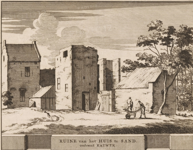 Ruins of the House at Sand near Katwijk, View of the ruins of Castle 't Zand near Katwijk, Castles, country estates and houses in the Netherlands, print, book illustration, Marked lower right: F., printmaker: Jacobus Schijnvoet, Amsterdam, after drawing by Roelant Roghman (possibly), publisher: Pieter de Coup (possibly), 1711, Jacobus Schijnvoet, Roelant Roghman, Pieter de Coup, printmaker, after drawing by, publisher, paper, etching, height 195 mm x width 215 mm, Print first used in: Smids, Ludolph. Schatkamer der Nederlandse oudheden, of Woordenboek, behelsende Nederlands steden. Amsterdam: Pieter de Coup, between p. 304 and 305. Possibly appeared thereafter in reissues of this work in 1737 and 1774. In 1721, an edition appeared containing only the prints: Nederlandsche oudheden, bestaan in zesachtig verbeeldingen, gelegen in Holland, 't Sticht van Utrecht en Gelderland enz. Amsterdam: Hendrik Bosch, 1721., ruin of a dwelling, house, castle, landscape with ruins (city(-scape) with fi...