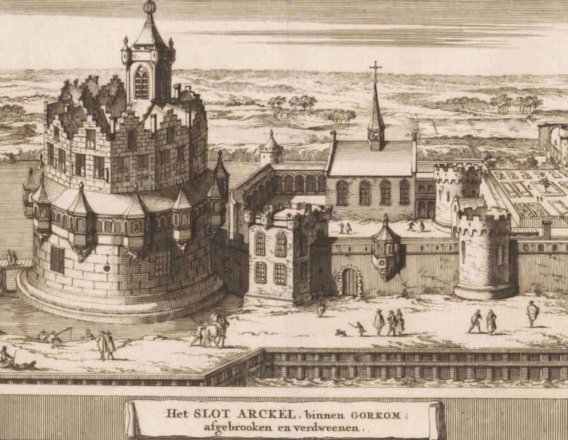 Arkel Castle, within Gorinchem, demolished and disappeared, View of Arkel Castle in Gorinchem, demolished in 1413, Castles, country estates and houses in the Netherlands, print, book illustration, Marked lower right: P., printmaker: Jacobus Schijnvoet, Amsterdam, after drawing by Roelant Roghman (possibly), publisher: Pieter de Coup (possibly), 1711, paper, etching, height 194 mm x width 211 mm, Print first used in: Smids, Ludolph. Schatkamer der Nederlandse oudheden, of Woordenboek, between p. 20 and 21. Possibly appeared afterwards in reissues of this work in 1737 and 1774. In 1721 an edition appeared containing only the prints: Nederlandsche oudheden, bestaan in zes zes verbeeldingen, gelegen in Holland, 't Sticht van Utrecht en Gelderland enz. Amsterdam: Hendrik Bosch, 1721., castle, landscape with tower or castle (city(-scape) with figures, staffage), Gorinchem, Arkel, A detailed pen-and-ink drawing of a fortified complex by water featuring a large round tower with multiple tiers,...