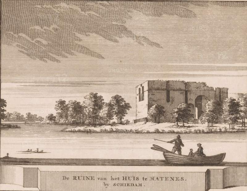 View of the ruins of Huis te Riviere in Schiedam, The ruins of the house at Matenes by Schiedam, print, View of the ruins of Huis te Riviere, also called Huis Mathenesse, in Schiedam., printmaker: Jacobus Schijnvoet, Amsterdam, after drawing by Roelant Roghman (possibly), 1711 - 1774, paper, etching, engraving, height 196 mm x width 215 mm, Print used in: Smids, Ludolf. Schatkamer der Nederlandse oudheden, of woordenboek, behelsende Nederlands steden en dorpen, kasteelen, sloten en heeren huysen (…). Amsterdam: Pieter de Coup, 1711, between p. 224 and 225. It is also possible that this print comes from the second (1737) or third (1774) edition, or from an edition containing only the prints: Nederlandsche oudheden, bestaan in zeskelijk verbeeldingen, gelegen in Holland, 't Sticht van Utrecht en Gelderland enz. Amsterdam: Hendrik Bosch, 1721., ruin of a dwelling, house, castle, Schiedam, Huis te Riviere, A horizontal ink drawing showing a wide sky filled with fine parallel horizontal lin...