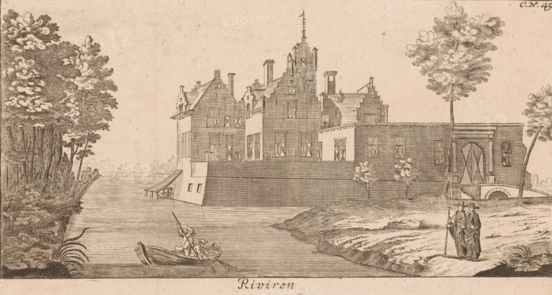 View of Huis te Riviere in Schiedam, Riviren, print, book illustration, Series number, 49, View of Huis te Riviere. Numbered top right: C.No.29. and top left: Tom.3p.125.No4., 1700 - 1750, printmaker, paper, etching, height 113 mm x width 212 mm, rural housing, eg country-house, villa, cottage, landscape with tower or castle, Schiedam, Huis te Riviere, A sepia-toned etching shows a riverside scene with a large brick building complex set behind a high wall, featuring stepped gables, chimneys, and multiple windows with shutters, and an arched gateway with a small bridge at one side; in the foreground a narrow river runs across the image with a small boat carrying two figures, one standing and pushing with a pole; on the right riverbank two standing figures wearing long coats and wide-brimmed hats hold staffs; trees and dense foliage frame both sides of the scene, and low grassy banks border the water.