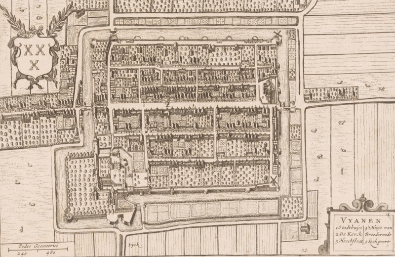 Vyanen, Map of Vianen, area plan, print, printmaker, Johannes Willemszoon Blaeu, Hendrick Hondius, paper, etching, height 149 mm x width 226 mm, Print used in: Boxhorn, Marcus Zuerius van. Theatrum sive Hollandiae comitatus et urbium nova descriptio (…). Amsterdam: Henricus Hondius, 1632., maps of cities, Vianen, A detailed hand-drawn map rendered in sepia tones showing a walled town with rectangular blocks of buildings and tree-filled courtyards arranged in a grid, surrounded by moats and outer fields; the town contains rows of pitched-roof structures, churches or larger roofed buildings, small towers at corners of the walls, gates opening to causeways, and windmills near the perimeter; outside the walls are patterned agricultural fields with scattered small figures and animals, ornamental borders, and decorative cartouches and laurel motifs at the edges.