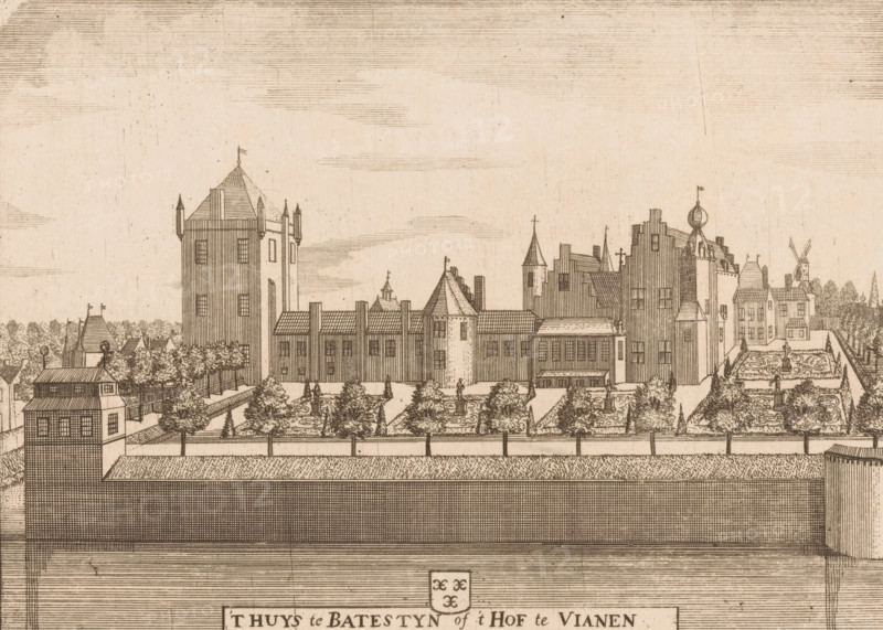 T Huys te Batestyn of 't Hof te Vianen, View of the Court at Vianen, print, printmaker: attributed to Jan van Vianen, after drawing by Caspar Specht (attributed to), publisher: Ottens, Reinier (I) & Josua, Amsterdam, c. 1730, Jan van Vianen, Caspar Specht, Ottens, printmaker, after drawing by, publisher, Attributed to, paper, etching, height 153 mm x width 212 mm, Print used in: Het verheerlykt Utrecht bekeken in de gezichten der adelijke en riddermatige hofsteden, in de heerlijkheid Utrecht. Amsterdam: R. and J. Ottens, ca. 1730, landscape with tower or castle, country house, Huis Batenstein, A detailed sepia-toned architectural engraving shows a fortified complex with high walls, towers, and a variety of connected buildings with pitched and stepped roofs, turrets, and chimneys. In front of the buildings there are formal gardens with symmetrical pathways, ornamental beds, hedges, and statues or fountains placed within the beds. Trees line parts of the grounds and small figures are dep...