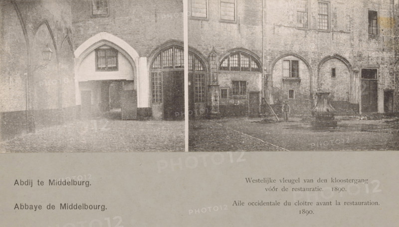 Western wing of the cloister before restoration, 1890, Aile occidentale du cloître, Western wing of the cloister of the Abbey in Middelburg, Views of the Abbey in Middelburg, Abbey in Middelburg, Abbaye de Middelbourg, photomechanical print, cliché maker: Straaten, Gebroeders van, Middelburg, in or after 1900, photographer, paper, collotype, photogravure, height 81 mm x width 214 mm, abbey, monastery, convent, Roman Catholic church, corridor, cloisters, Abbey of Middelburg, A sepia-toned photograph of an old stone courtyard showing a row of arched doorways and windows set into a brick wall, with one large ornate fountain base positioned on the paved ground near the right side and a solitary lamp mounted on the left wall; the ground is cobbled and a narrow vertical seam divides the image into two panels, while the lower portion of the image shows a blank lighter area separated from the photograph.