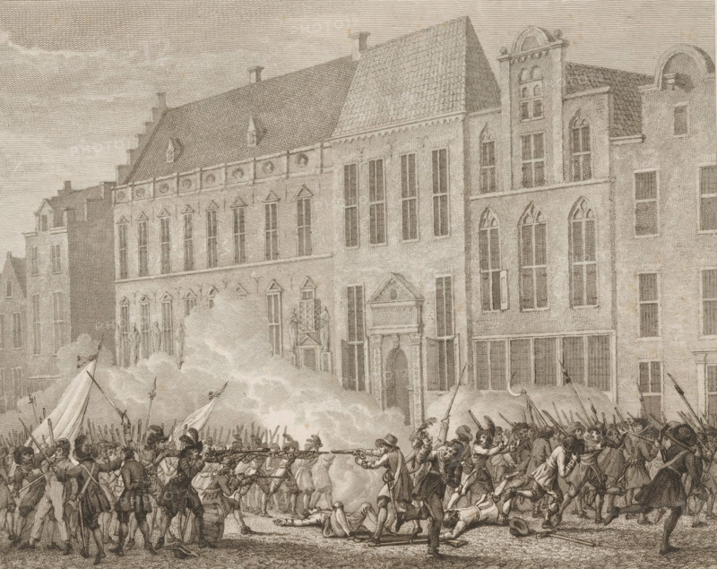 Street fighting in Nijmegen, 1703, print, book illustration, Street fighting following the change of magistrates in Nijmegen, January 2, 1703. Groups of soldiers and citizens shoot at each other in the street in front of the town hall. Conflict between the supporters of the 'Old Faction' (the incumbent regents) and the 'New Faction' (commoners, new regents) supported by the Maas boatmen., printmaker: Reinier Vinkeles (I), Amsterdam, publisher: François Bohn, Haarlem, 1800 - 1801, paper, etching, height 224 mm x width 276 mm, Print in third state used in: Fokke, Jan. History of the eighteenth century, 1801, vol. 1, between p. 258 and 259., street-fights, riots, violent death by firearms, Nijmegen, Period, 1703-01-02, A detailed engraved scene shows a row of tall, ornate stone buildings with steep tiled roofs and many narrow windows, some with pointed arches and decorative pediments, and a large central entrance flanked by statues; in front of the buildings a dense cloud of smoke or powd...