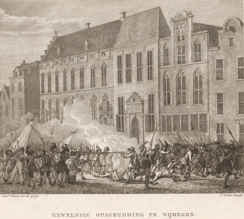 Great commotion in Nijmegen, Street fighting in Nijmegen, 1703, print, book illustration, Street fighting following the change of magistrates in Nijmegen, January 2, 1703. Groups of soldiers and citizens shoot at each other in the street in front of the town hall. Battle between the supporters of the 'Old Faction' (the incumbent regents) and the 'New Faction' (commoners, new regents) supported by the Maas boatmen., printmaker: Reinier Vinkeles (I), Amsterdam, publisher: François Bohn, Haarlem, 1801, paper, etching, height 171 mm x width 190 mm, Print in third state used in: Fokke, Jan. History of the eighteenth century, vol. 1, between p. 258 and 259., street-fights, riots, violent death by firearms, Nijmegen, Period, 1703-01-02, A densely detailed engraving showing a procession of armed figures in period clothing engaging in combat in a street, with some wielding long muskets and pikes and others carrying flags and banners, smoke billowing from discharged weapons and partially obscuri...