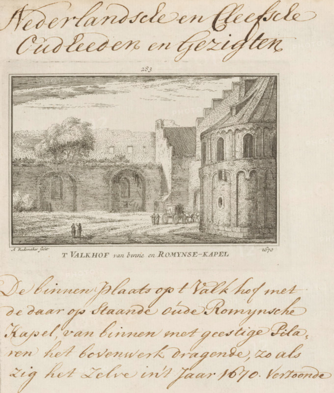 View of the Valkhof and the St. Martin's Chapel or Barbarossa Ruin in Nijmegen, 1670, The Valkhof from the inside and Romynse Chapel, print, book illustration, Series number, 283, 300, Numbered at the top: 283., inscription: 'Dutch and Cleves Antiquities and Views, The courtyard at the Valkhof with the old Romynse Chapel standing there, supporting the upper structure from the inside with witty Pillars, as it appeared in the year 1670', printmaker: Abraham Rademaker, Amsterdam, publisher: Willem Barents, 1725, Abraham Rademaker, Willem Barents, printmaker, publisher, materials by function, paper, ink, etching, pen, with text in brown pen, height 81 mm x width 113 mm, height 183 mm x width 140 mm, Print first used in: Rademaker, Abraham. Cabinet of Dutch antiquities and views: contained in 300 art plates (…). 2 vols. Amsterdam: Willem Barents, ill. 283. Subsequently, the print appeared in various reissues, published in 1727-1733, 1770-1771 and 1792-1803., ruin of a dwelling, house, castl...