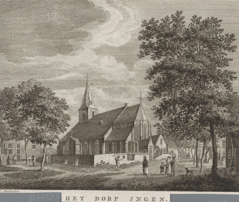 View of a church in the village of Ingen in Gelderland, The village of Ingen, print, Series number, 11, Numbered top right: 11., printmaker: Hermanus Petrus Schouten, Netherlands, after drawing by Jan de Beijer, c. 1757 - c. 1800, paper, etching, height 157 mm, width 201 mm, church (exterior), village (city(-scape) with figures, staffage), Ingen, An engraved scene shows a large church with steep roofs and a tall spire rising above the building, flanked by mature trees with dense foliage; people are visible near the church engaged in various activities, including a group of figures standing together, a person walking a dog, and others strolling or interacting; architectural details of the church include arched windows and buttresses, while surrounding buildings with pitched roofs and small windows line the background; the sky is filled with finely etched clouds and horizontal line shading, and the foreground includes a grassy area and a low fence or wall near the church.