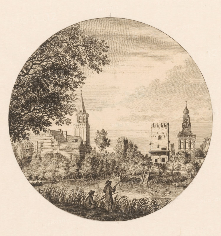 View of Culemborg with the St. John's Church and the inner gate, print, Round print with the now demolished St. John's Church on the left. On the right the inner gate, in the foreground two fishermen, c. 1750 - c. 1800, printmaker, paper, etching, height 138 mm x width 138 mm, river, church (exterior), landscape with ruins (city(-scape) with figures, staffage), Culemborg, Binnenpoort (Culemborg), A circular sepia-toned etching showing a riverside scene with trees and foliage along the bank, two figures fishing at the water's edge with one seated and one standing holding a fishing rod, waterfowl swimming nearby, an expanse of sky with fine horizontal hatching, and a cluster of buildings across the river including towers and steeples with ornate architectural details, partially framed by overhanging tree branches at the top left.