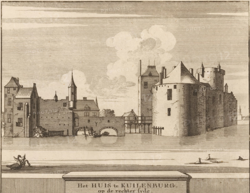 View of Culemborg Castle, The House at Kuilenburg on the right side, Castles, country estates and houses in the Netherlands, print, book illustration, Marked lower right: I of L., printmaker: Jacobus Schijnvoet, Amsterdam, after drawing by Roelant Roghman (possibly), publisher: Pieter de Coup (possibly), 1711, paper, etching, height 195 mm x width 208 mm, Print first used in: Smids, Ludolph. Schatkamer der Nederlandse oudheden, of Woordenboek, between p. 190 and 191. Possibly appeared thereafter in reissues of this work in 1737 and 1774. In 1721, an edition appeared containing only the prints: Nederlandsche oudheden, bestaan in zesachtig verbeeldingen, gelegen in Holland, 't Sticht van Utrecht en Gelderland enz. Amsterdam: Hendrik Bosch, 1721., water-birds: swan, castle, Culemborg, A detailed ink drawing of a riverside scene showing a row of connected stone and timber buildings with steep roofs and towers, a rounded fortified tower with a conical roof, arched openings at water level, a...