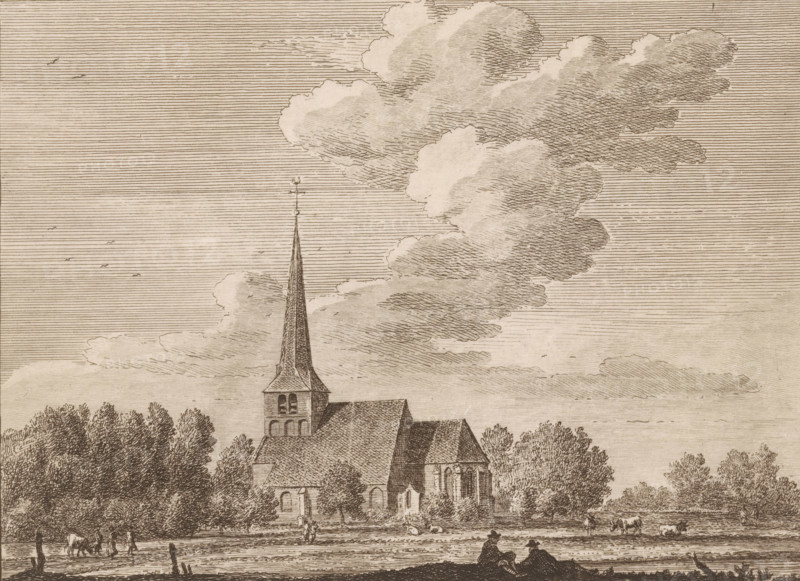 The Village of Balgoyen, Village view in Balgoij in Gelderland, Views of prominent Dutch villages, Dutch village views, print, Series number, 7, Numbered top right: 7., printmaker: Hendrik Spilman (possibly), publisher: Pierre Fouquet (possibly), Amsterdam, c. 1770 - c. 1800, paper, etching, intaglio printmaking technique, height 159 mm x width 210 mm, Print possibly from: Views of prominent Dutch villages. Amsterdam: Pierre Fouquet, sa, church (exterior), village (city(-scape) with figures, staffage), Wijchen, Balgoij, A sepia-toned drawing of a church with a tall pointed steeple rising above a pitched roof, surrounded by clusters of trees, with large billowing clouds filling much of the sky and fine horizontal lines indicating atmospheric shading; small figures and animals appear near the foreground along a riverbank, with two seated figures silhouetted closest to the viewer and other people and grazing animals scattered farther back.