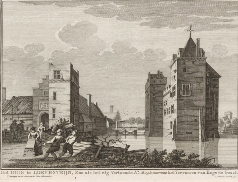Escape of Hugo de Groot in the book chest from Loevestein Castle, 1621, The House at Loevestein, as it appeared in the year 1619. together with the transport of Hugo de Groot, print, View of Loevestein Castle with the escape of Hugo de Groot in the book chest in the foreground on the left, March 22, 1621. Men are dragging the chest on a rope., printmaker: Caspar Jacobsz. Philips, Amsterdam, after drawing by Jacobus Versteegen, after drawing by Andries Schoemaker, c. 1752 - 1789, paper, etching, height 159 mm x width 220 mm, Person, Hugo de Groot, castle, landscape with tower or castle (city(-scape) with figures, staffage), law and jurisprudence (escape from prison), Hugo de Groot escapes from Loevestein in the book chest, Poederoijen, Loevestein Castle, A detailed monochrome etching shows a riverside scene with tall masonry buildings and towers on either side of a waterway, a bridge crossing the water in the middle distance, and a cluster of smaller gabled houses along the left bank. I...