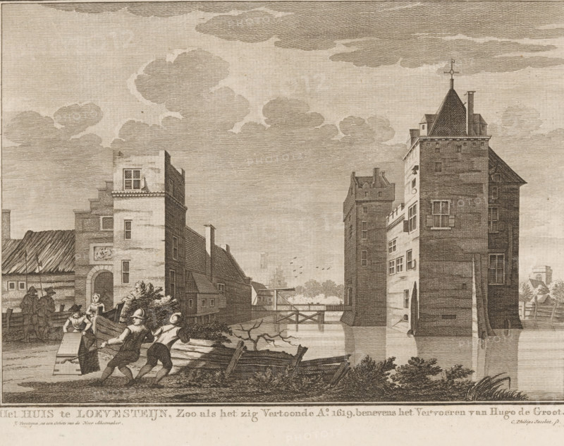 Escape of Hugo de Groot in the book chest from Loevestein Castle, 1621, The House at Loevestein, as it appeared in the year 1619. together with the transport of Hugo de Groot, print, View of Loevestein Castle with the escape of Hugo de Groot in the book chest in the foreground on the left, March 22, 1621. Men are dragging the chest on a rope., printmaker: Caspar Jacobsz. Philips, Amsterdam, after drawing by Jacobus Versteegen, after drawing by Andries Schoemaker, c. 1752 - 1789, paper, etching, height 159 mm x width 220 mm, Person, Hugo de Groot, castle, landscape with tower or castle (city(-scape) with figures, staffage), law and jurisprudence (escape from prison), Hugo de Groot escapes from Loevestein in the book chest, Poederoijen, Loevestein Castle, A detailed monochrome engraving shows a canal scene framed by tall brick buildings with pitched roofs and towers on either side, a bridge crossing the water in the midground, and clouds filling the sky. In the foreground several figures...