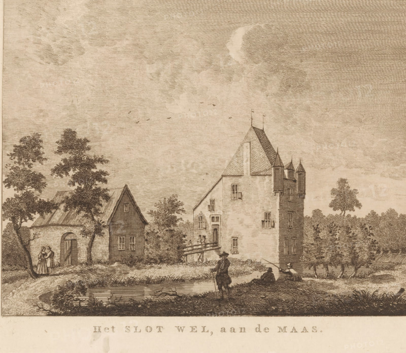 View of Well Castle, Het Slot Wel, on the Maas, print, Series number, 5, publisher: Evert Maaskamp, Amsterdam, c. 1800, printmaker, paper, etching, height 165 mm x width 206 mm, Print appears in: Views of prominent Dutch villages. Amsterdam: E. Maaskamp, 1800., landscape with tower or castle, Gelderland, A sepia-toned etching showing a riverside scene with a large multi-story building featuring steep roofs and small turrets, adjacent smaller structures with pitched roofs, and trees scattered around; a bridge or walkway connects part of the main building to the bank, where a figure stands, while two seated figures by the water hold long fishing rods and another figure stands nearby; in the foreground a pond edged by grasses reflects the sky, and two figures walk together near a small arched doorway of one building; the sky is filled with textured clouds and a few flying birds.