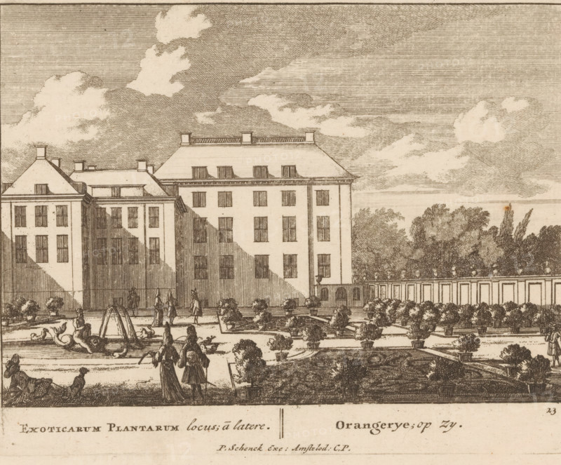 Exoticarum Plantarum locus, ã latere, Orangerye, op zy, View of the orangery of Paleis het Loo, Admirandorum Quadruplex Spectaculum, Fourfold spectacle of wonders, print, Series number, 23, 71, printmaker: Jan van Call (I), Amsterdam, publisher: Pieter Schenk (I), grantor of privilege: States of Holland and West Friesland, c. 1700, paper, etching, height 128 mm x width 165 mm, Other state also used in: Call, 1700.* * The title page, dedication, and portrait of Frederick of Saxony were engraved by Pieter Schenk (I). The other prints in this series are, as indicated on the title page, by Jan van Call (I)., palace, greenhouse, orangery, Apeldoorn, Paleis Het Loo, A sepia-toned engraving shows a large multi-story building with a pitched roof and rows of rectangular windows, adjacent smaller connected structures, and chimneys along the roofline. In front of the buildings is a formal garden with geometric planting beds, potted shrubs, and a central fountain featuring sculpted figures and wat...