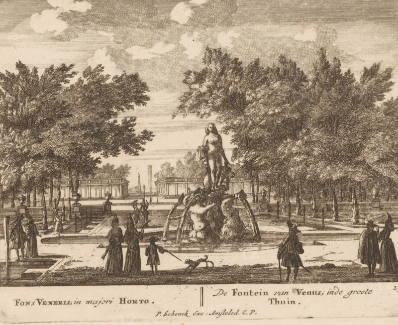 Fons Veneris, in majori Horto, De Fontein van Venus, inde groote Thuin, Venus fontein in de tuin van Paleis Het Loo, Viervoudig schouwspel van wonderen, Admirandorum Quadruplex Spectaculum, print, Series number, 25, 71, printmaker: Jan van Call (I), Amsterdam, publisher: Pieter Schenk (I), grantor of privilege: Staten van Holland en West-Friesland, c. 1700, paper, etching, height 130 mm x width 164 mm, Other state also used in: Call, 1700.* * The title page, dedication, and the portrait of Frederick of Saxony were engraved by Pieter Schenk (I). The other prints in this series are, as indicated on the title page, by Jan van Call (I)., garden, ornamental fountain, palace, Apeldoorn, Paleis Het Loo, A sepia-toned engraving showing a formal garden with tall trees lining a central promenade, a large ornate fountain as a focal point featuring sculpted figures and water streams, a classical female statue atop the fountain, rectangular reflecting pools and low balustrades, groups of people in ...