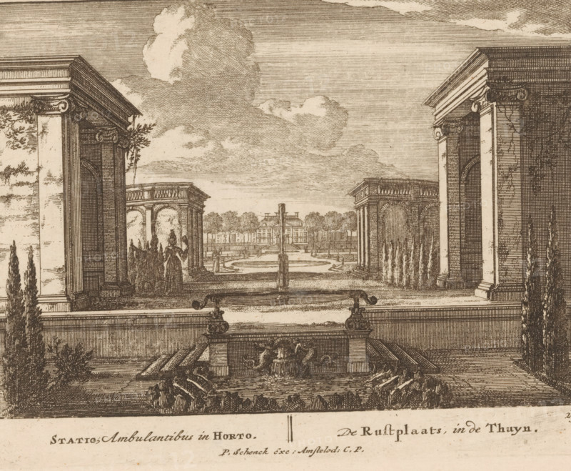 Statio, Ambulantibus in Horto, De Rustplaats, in de Thuyn, Rustplaats in de tuin van Paleis Het Loo, Viervoudig schouwspel van wonderen, Admirandorum Quadruplex Spectaculum, print, Series number, 29, 71, printmaker: Jan van Call (I), Amsterdam, publisher: Pieter Schenk (I), grantor of privilege: States of Holland and West Friesland, c. 1700, paper, etching, height 128 mm x width 170 mm, Other state also used in: Call, 1700.* * The title page, dedication, and portrait of Frederick of Saxony were engraved by Pieter Schenk (I). The other prints in this series are, as indicated on the title page, by Jan van Call (I)., garden buildings, palace, Apeldoorn, Paleis Het Loo, A sepia-toned architectural engraving showing a formal garden framed by large classical colonnades on the left and right, with ornate capitals and entablatures. In the foreground there is a rectangular fountain basin with sculptural elements and decorative water spouts, surrounded by low clipped hedges. A balustraded terrac...