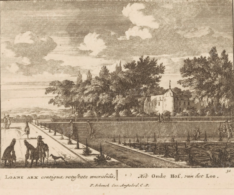 Loani arx contigua, vetustate venerabilis, Het Oude Hof, van het Loo, Oude hof van Paleis Het Loo, Viervoudig schouwspel van wonderen, Admirandorum Quadruplex Spectaculum, print, Series number, 31, 71, printmaker: Jan van Call (I), Amsterdam, publisher: Pieter Schenk (I), grantor of privilege: Staten van Holland en West-Friesland, c. 1700, paper, etching, height 131 mm x width 164 mm, Other state also used in: Call, 1700.* * The title page, dedication, and portrait of Frederick of Saxony were engraved by Pieter Schenk (I). The other prints in this series are, as indicated on the title page, by Jan van Call (I)., garden, palace, Apeldoorn, Paleis Het Loo, A detailed ink landscape showing a wide promenade beside a long reflective water channel with a low railing and steps leading down, a group of figures in period clothing walking and conversing along the path with a dog, a distant castle-like building with a rounded tower and flag partially obscured by dense trees, rows of tall leafy tr...