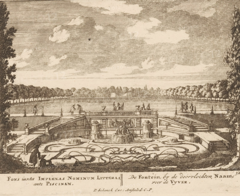 Fountain by the pond of Het Loo Palace, Fons iuxta Imlexas Nominum Litteras, ante Piscinam, The Fountain, by the interwoven Name, for the Pond, Admirandorum Quadruplex Spectaculum, Fourfold spectacle of wonders, print, Series number, 32, 71, printmaker: Jan van Call (I), Amsterdam, publisher: Pieter Schenk (I), grantor of privilege: States of Holland and West Friesland, c. 1700, paper, etching, height 129 mm x width 165 mm, Other state also used in: Call, 1700.* * The title page, dedication, and the portrait of Frederick of Saxony were engraved by Pieter Schenk (I). The other prints in this series are, as indicated on the title page, by Jan van Call (I)., garden, garden fountain, palace, Apeldoorn, Paleis Het Loo, An engraved landscape showing a formal garden and fountain in the foreground with ornate stone balustrades and sculptural reliefs, curved water channels and ornamental planting beds, tiered steps leading down to the fountain basin, sculpted figures and carved vases atop the b...