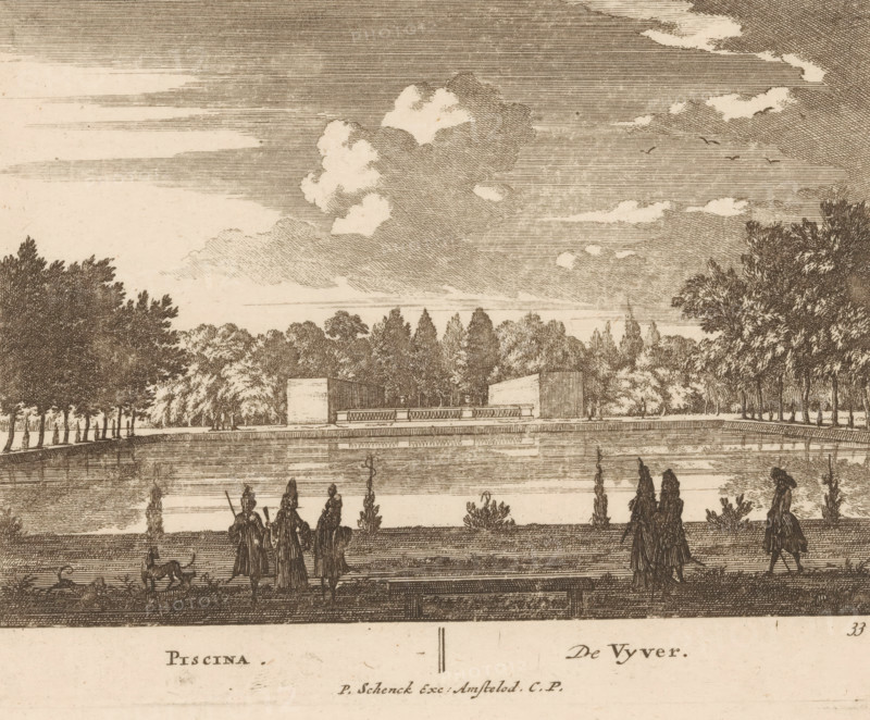 Pond of Het Loo Palace, Piscina, De Vyver, Admirandorum Quadruplex Spectaculum, Quadruple Spectacular of Wonders, print, Series number, 33, 71, printmaker: Jan van Call (I), Amsterdam, publisher: Pieter Schenk (I), grantor of privilege: States of Holland and West Friesland, c. 1700, paper, etching, height 130 mm x width 164 mm, Other state also used in: Call, 1700.* * The title page, dedication, and the portrait of Frederick of Saxony were engraved by Pieter Schenk (I). The other prints in this series are, as indicated on the title print, by Jan van Call (I)., palace, garden pond, Apeldoorn, Paleis Het Loo, A wide engraved scene shows a reflective body of water bordered by a paved promenade with figures walking and standing, some in groups and some accompanied by a dog; low architectural elements sit across the water in front of a dense line of trees, and taller trees frame the scene on both sides; the sky above contains large, textured clouds and a few birds.