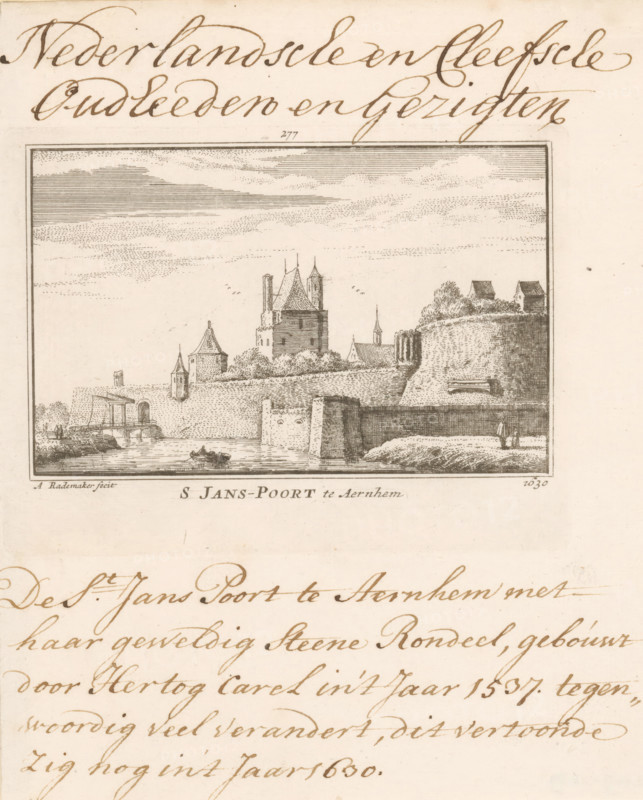 S Jans-Poort te Aernhem, Sint-Janspoort te Arnhem, print, book illustration, Series number, 277, View of the city wall of Arnhem with the Sint-Janspoort on the left, as it was around 1630. In the foreground a rowboat., inscription: 'Nederlandsche en Cleefsche Oudheeden en Gezigten. 'The St. John's Gate in Arnhem with its magnificent Stone Roundel, built by Duke Charles in the year 1537, much changed nowadays, this was still visible in the year 1630', printmaker: Abraham Rademaker, Amsterdam, publisher: Willem Barents, publisher: Antoni Schoonenburg, 1727 - 1733, paper, etching, height 85 mm x width 115 mm, A rectangular framed etching of a riverside fortified town sits near the top center of the page, showing a stone wall and ramparts with towers and turrets rising behind a tree line, a central square tower with pitched roofs, smaller buildings and spires visible among foliage, and two small houses on a raised grassy bank to the right; in front of the wall a waterway contains a small b...