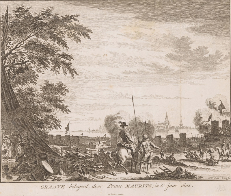 Siege of Grave by Prince Maurits, 1602, Graave besieged, by Prince Maurits, in the year 1602, print, book illustration, printmaker: Simon Fokke, after design by, publisher: Isaak Tirion, Amsterdam, 1753, paper, etching, height 158 mm x width 234 mm, A wide engraved scene shows a shoreline with a tall leafy tree on the left and a distant town skyline with steeples near the horizon, clouds filling the sky above. In the foreground a variety of figures and animals are depicted among scattered barrels, a fallen drum, and other objects; two riders on horseback are moving away from the viewer near the center while smoke and flags rise around a row of battlements that stretch across the middle ground. Along the right edge a round tower with flags and smoke is visible, and nearer the left foreground a draped tent or cloth hangs from the tree while small groups of people stand or sit beneath it. The image is rendered in fine engraved lines with detailed foliage and architectural silhouettes.