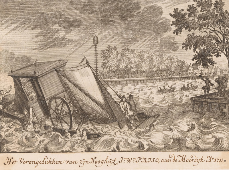 Prince Johan Willem Friso drowns at Moerdijk, print, book illustration, annotation: 'Biography of Prince Johan Willem Friso.', title: ''The Accident of His Highness Jn. Wm. Friso, at the Moerdijk in the year 1711'.', publisher: Johannes van Oosterwyk, Amsterdam, 1716, printmaker, paper, etching, height 124 mm x width 188 mm, A detailed pen-and-ink scene shows a turbulent waterfront with churning waves and a large overturned carriage partially submerged at the water's edge; the carriage has visible wheels, a tilted canopy, and a sail-like covering, and several figures cling to it or struggle in the water nearby. Two men stand on a small boat beside the carriage, one seated and one standing, while other small rowboats with occupants are seen farther out on the water. On the right a wooden dock or quay juts into the water where two figures stand near the edge, and behind them a row of trees lines the riverbank leading to a cluster of buildings with pitched roofs. A tall lamppost rises nea...