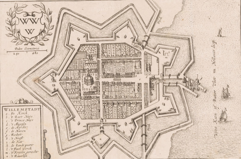 Willemstadt, Map of Willemstad, area plan, print, book illustration, printmaker, paper, etching, letterpress printing, with two strips of text in letterpress on recto, height 146 mm x width 221 mm, A sepia-toned bird's-eye illustration shows a star-shaped fortified town surrounded by layered angular earthworks and moats, with bastions projecting outward and narrow causeways connecting to the surrounding land. Inside the walls a grid of streets and densely packed rows of buildings and houses fill the interior, interspersed with clusters of small trees and garden plots. A central square features a domed building surrounded by open space and smaller structures. Defensive details such as ramparts, gates, and small watch posts are visible along the perimeter, and docks with moored sailing ships extend into a textured body of water at the edge of the image. Decorative elements include a wreathed cartouche in an empty corner and a scale bar nearby. Small boats and sailing vessels appear on th...