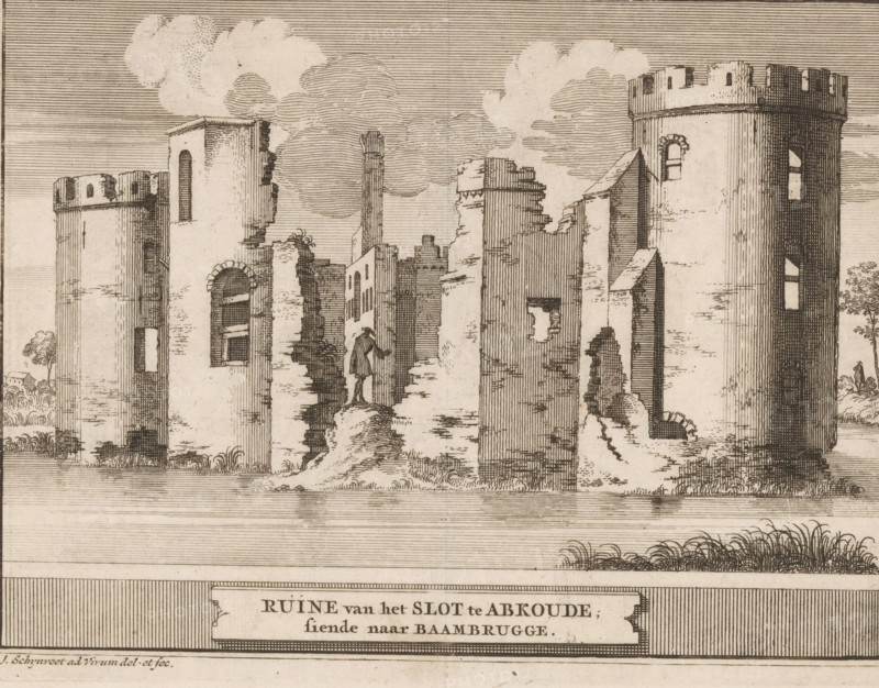 Ruins of the castle at Abcoude, looking towards Baambrugge, View of Abcoude Castle, print, book illustration, printmaker: Jacobus Schijnvoet, publisher: Pieter de Coup, Amsterdam, 1711, paper, etching, height 195 mm x width 213 mm, An engraved scene of ruined stone structures with crumbling walls and towers rises from a grassy foreground, showing arched windows, jagged masonry edges, and a narrow passage where a lone robed figure stands on uneven ground; the sky above is filled with stylized horizontal lines and soft, cloud-like formations, while small trees and tufts of vegetation appear at the edges and between the broken walls.