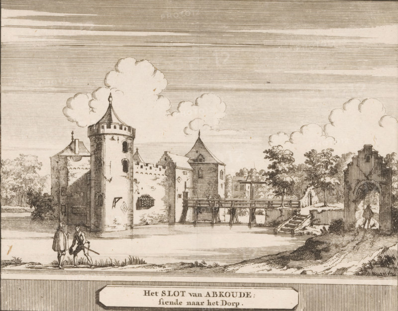 The castle of Abcoude, looking towards the village, View of Abcoude Castle, print, book illustration, printmaker: Jacobus Schijnvoet, publisher: Pieter de Coup, Amsterdam, 1711, paper, etching, height 194 mm x width 214 mm, A pen and ink landscape showing a fortified stone castle with round and rectangular towers, crenellated walls, a pitched roof on one tower, and a wooden bridge or walkway extending across water toward the entrance, surrounded by trees and clouds drawn with fine horizontal hatching, with two figures walking along the foreground near the water and another figure standing by an arched ruin on the right, and grassy banks and a small path leading toward the castle.