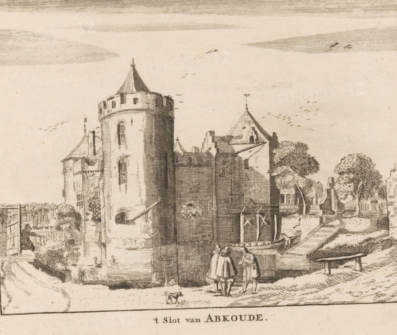 t Slot van Abkoude, View of Slot Abcoude, print, 1650 - 1800, printmaker, paper, etching, height 160 mm x width 191 mm, landscape with tower or castle, castle, Abcoude, Slot Abcoude, A detailed pen-and-ink scene shows a riverside castle with rounded towers, crenellated battlements, and steep conical roofs, surrounded by trees and waterways; small boats are moored beside the stone walls, and three cloaked figures stand on the bank near the water while a small dog stands nearby; ducks swim in the moat and birds are sketched across the sky, with architectural details of windows, chimneys, and a wooden gate visible along the water’s edge.