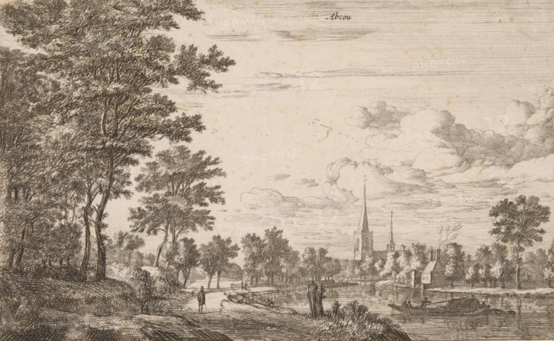 View of Abcoude, Abcou, print, Series number 3, 8, printmaker: Roelant Roghman, publisher: Clement de Jonghe, Amsterdam, 1673 - 1692, paper, etching, height 130 mm x width 206 mm, church (exterior), village, Abcoude, A detailed pen-and-ink landscape showing tall trees on the left with dense foliage and textured trunks, a winding path beside a body of water, and small human figures walking near the shoreline. In the middle distance there are more trees and a small building set close to the water, while further back a village skyline with two church spires rises among clustered rooftops. The sky is filled with layered clouds and faint horizontal lines, and there are small birds drawn in the open space above the village. The foreground includes grassy banks and a moored boat at the water’s edge, and the entire scene is rendered in fine crosshatched strokes on aged paper.