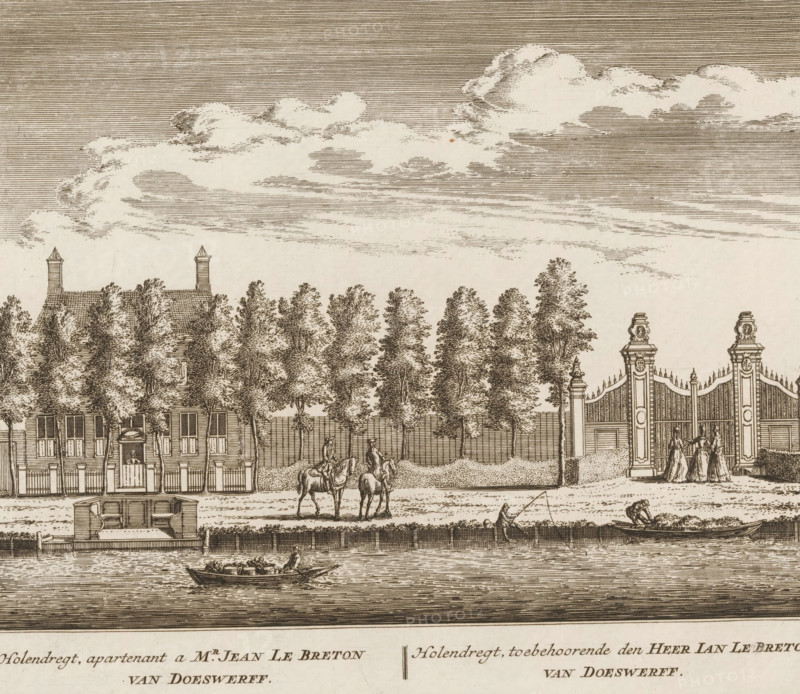 View of the country estate Holendrecht in Abcoude, Holendregt, owner of Mr. Jean le Breton van Doeswerff, belonging to Mr. Ian le Breton van Doeswerff, print, book illustration, Series number, 69, 100, printmaker: Abraham Rademaker, publisher: Leonard Schenk, Amsterdam, 1730, paper, etching, three binding holes in the left margin, height 172 mm x width 200 mm, A sepia-toned engraved scene shows a row of tall leafy trees behind a low fence and formal gates with ornate pillars, flanked by buildings with pitched roofs and chimneys; in front of the trees a grassy promenade features two mounted riders conversing near the center and a person fishing from a small boat to the right while another figure bends over a larger rowboat; nearer the foreground a small boat with seated passengers is being rowed across a calm stretch of water, and a rectangular floating platform sits alongside the bank; above the scene a wide sky filled with horizontal lines and large billowing clouds stretches across t...
